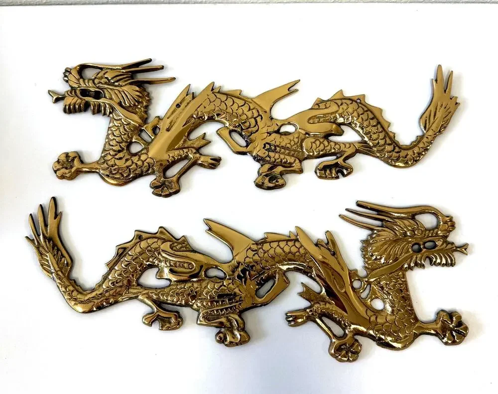 Vintage Brass Asian Chinese Dragon Wall Art Plaques Decor MCM Retro 1960-1970's